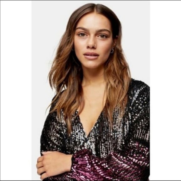 Topshop Ombre Sequin Long Sleeve Wrap Minidress 2 - Picture 4 of 4
